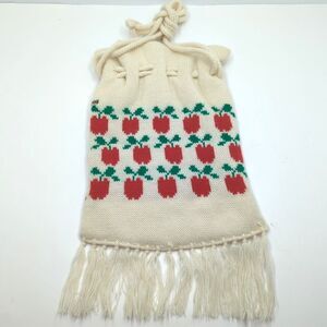 Handmade Knitted Purse Cinch Bag Apples Fringe